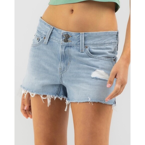 Levi's Women's Superlow 5 Pocket Light Wash Distressed Raw Hem Denim Shorts 26 - Picture 1 of 8